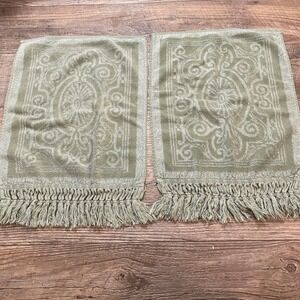 Carrara Italy Sage Green Damask Hand Towels Set (2) Cotton Viscose Fringed 12x18